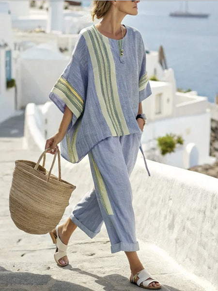Summer Striped Suits Loose Batwing Sleeve T-shirt And Solid Straight-leg Pants | Koalakits36
