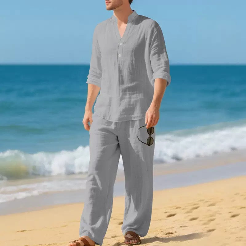 Mens Loose-Fit Long-sleeved Suit Casual Breathable V-Neck Henley Shirt And Long Pants Set Beach Clothing