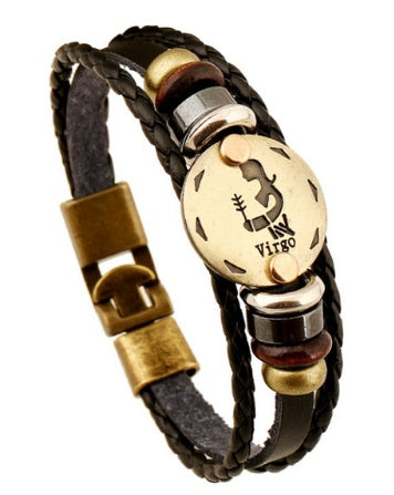 12 Zodiac Constellation Leather Bracelet – Stylish Metal Sign Charm & Beaded Wristband for Men and Women