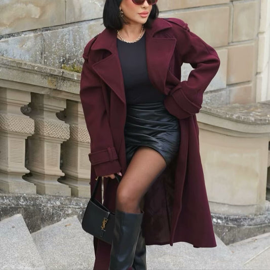 Fashion Lapel Woolen Coat With Belt Winter Double-breasted Trench Long Jacket