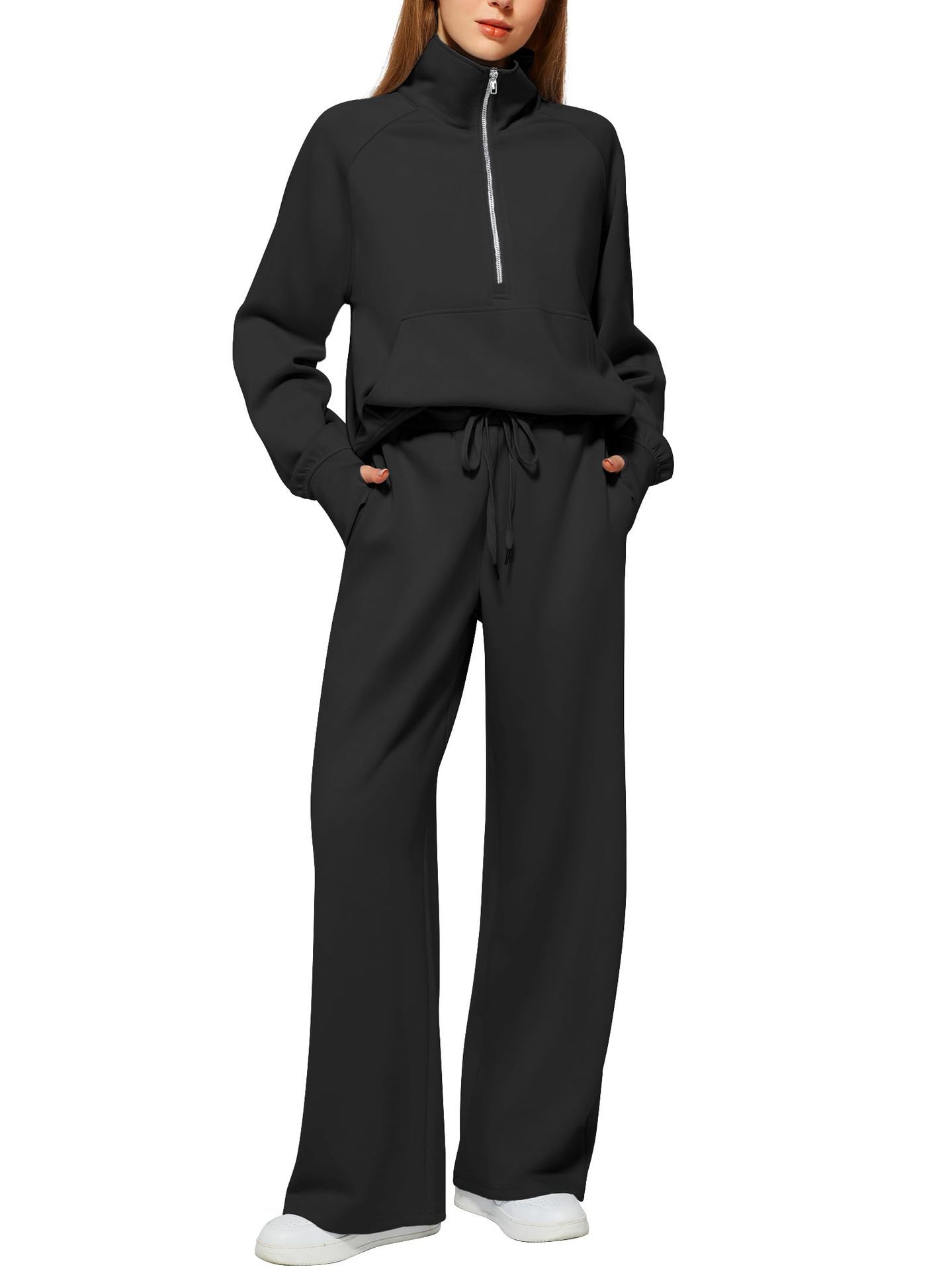 Women’s Solid Color Half-Zip Sweatshirt & Wide Long Pants