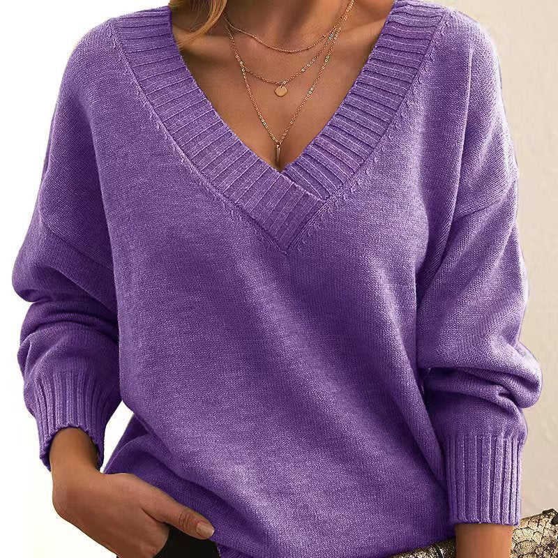 Solid V-neck Sweater Fashion Loose Long-sleeved Knitted Women's Tops Koalakits36