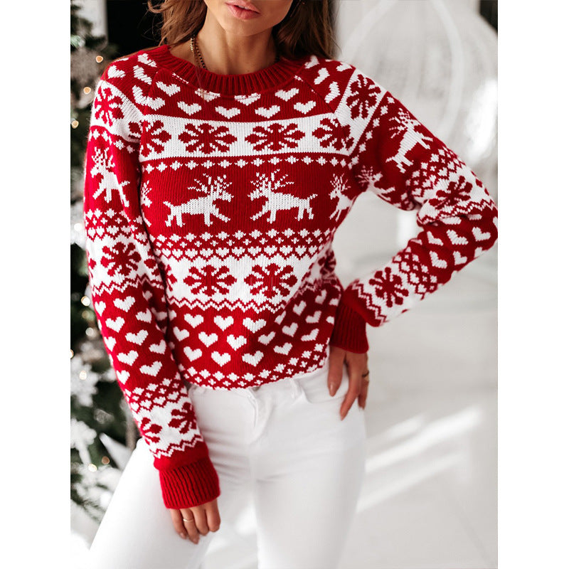 Women Christmas Sweaters Winter Long Sleeve Knitted Sweater Elk Snowflake Print Knitted Jumpers Knitwear Casual Soft Jacquard Pullover Koalakits36
