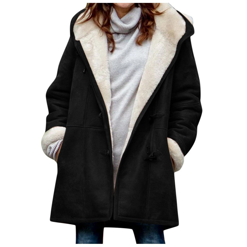 Winter Vintage Button Jackets Women's Warm Fleece Hooded Coat Casual Mid-Length Trench Koalakits36