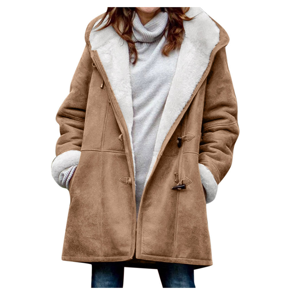 Winter Vintage Button Jackets Women's Warm Fleece Hooded Coat Casual Mid-Length Trench Koalakits36