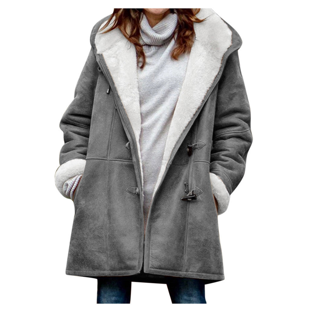 Winter Vintage Button Jackets Women's Warm Fleece Hooded Coat Casual Mid-Length Trench Koalakits36