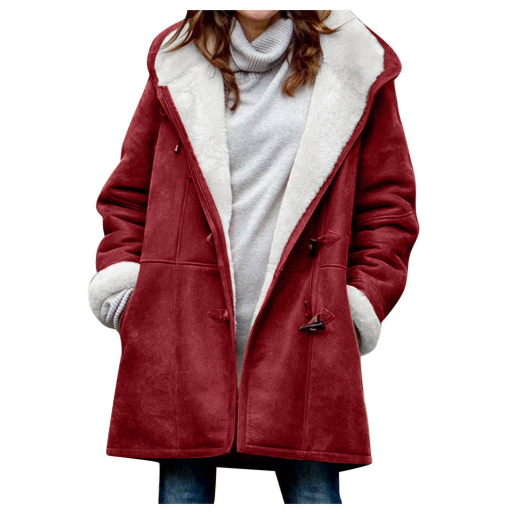 Winter Vintage Button Jackets Women's Warm Fleece Hooded Coat Casual Mid-Length Trench Koalakits36