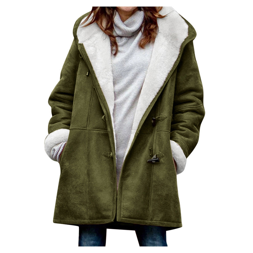 Winter Vintage Button Jackets Women's Warm Fleece Hooded Coat Casual Mid-Length Trench Koalakits36
