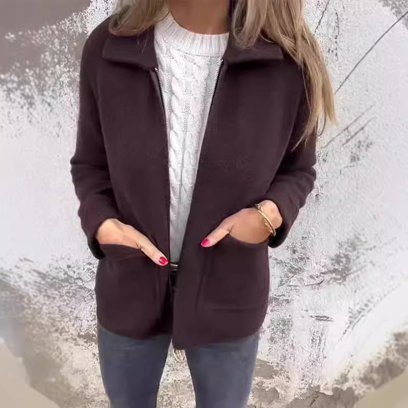 Lapel Zipper Jacket With Pockets Fashion Solid Color Coat Fall Winter