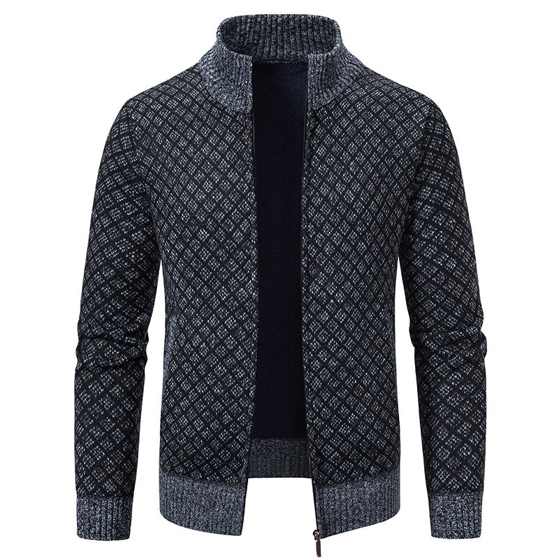 Thickened Plaid Print Jacket Cardigan Fashion Slim Fit Zipper Stand Collar Sweater Winter Men's Casual Long Sleeve Koalakits36