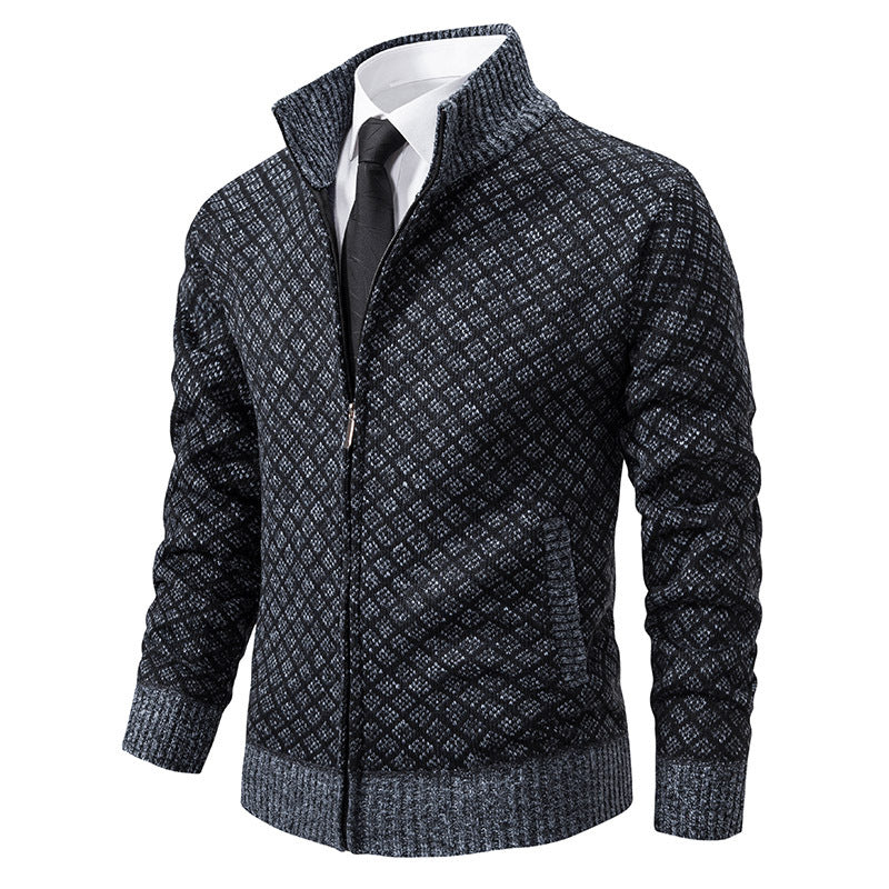 Thickened Plaid Print Jacket Cardigan Fashion Slim Fit Zipper Stand Collar Sweater Winter Men's Casual Long Sleeve Koalakits36