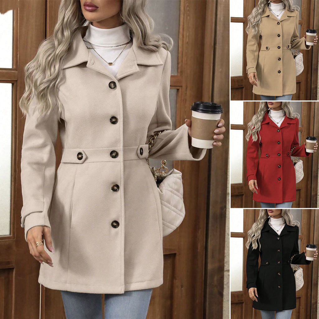 Elegant Single-breasted Woolen Coat Buttons Lapel Mid-length Jacket Women's Clothing