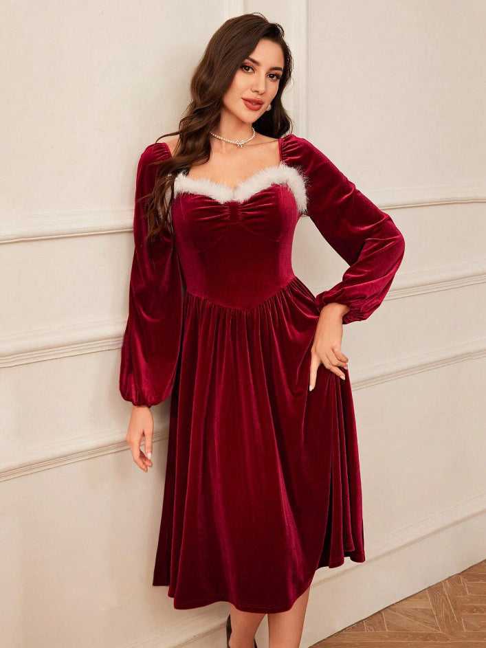 Women's Vintage Christmas Party Long Sleeve Red Velvet Dress Square Collar Dress Elegant Slimming Waist Autumn Koalakits36
