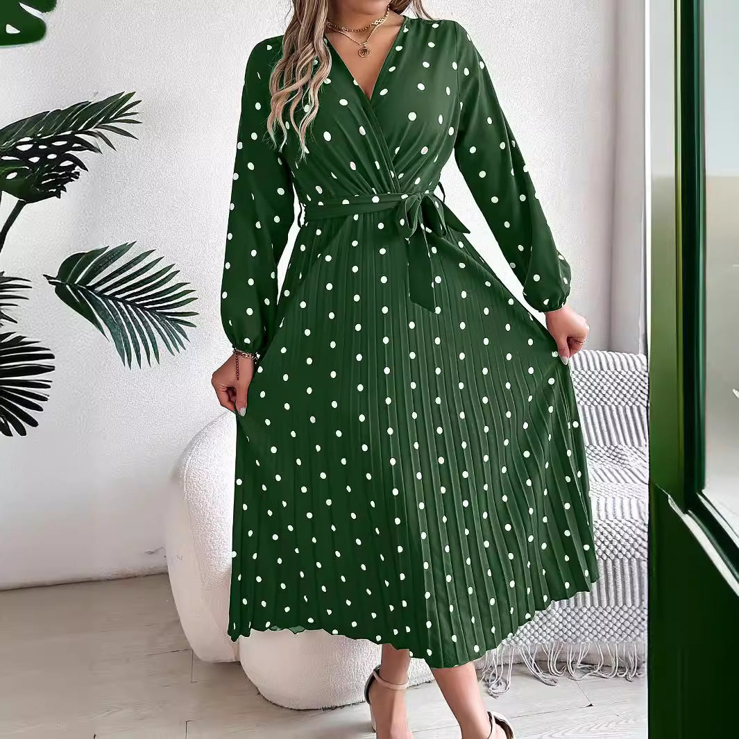 Spring Summer Elegant Long Dress Cross V-Neck Contrast Polka Dot Long Sleeve | Koalakits36