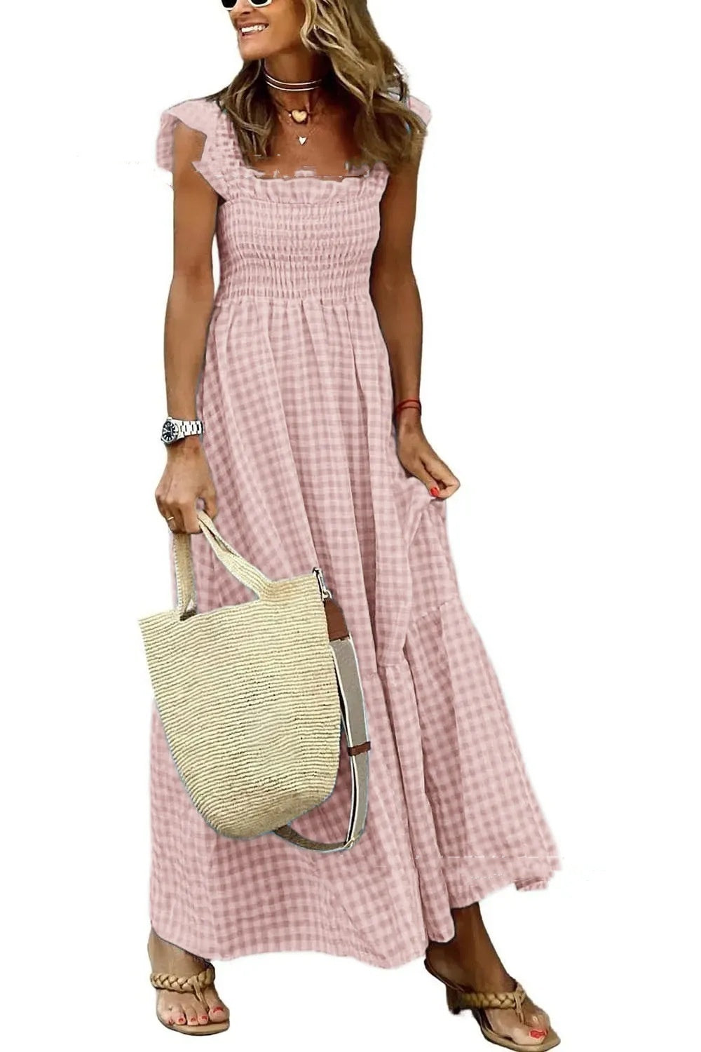 Summer Plaid Print Pleated Ruffle Dress Fashion Sleeveless for Women | Koalakits36
