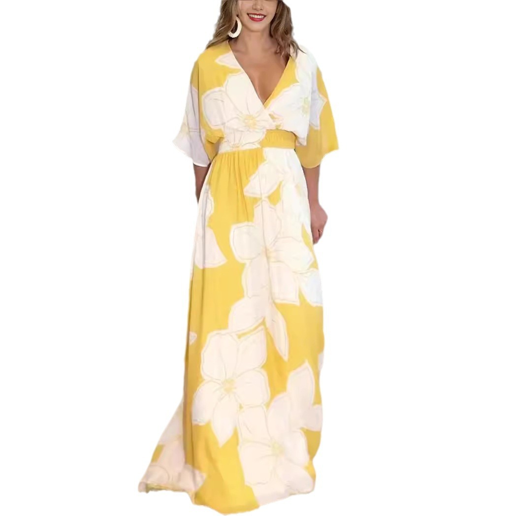 Flower Printed V-neck Batwing-sleeved Dress Fashion Elegant  Backless | Koalakits36