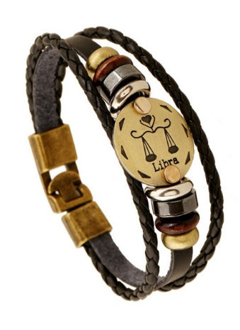 12 Zodiac Constellation Leather Bracelet – Stylish Metal Sign Charm & Beaded Wristband for Men and Women