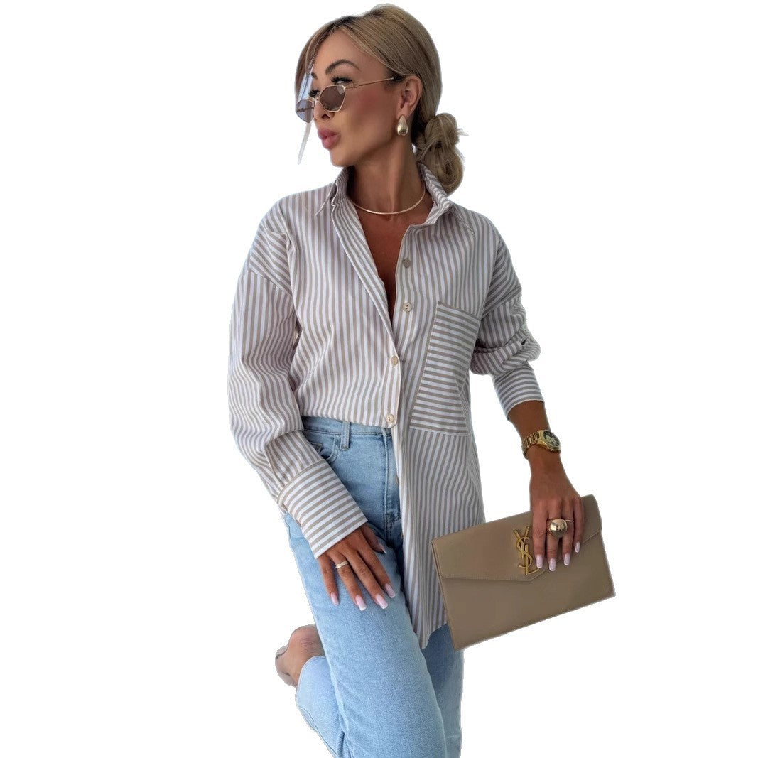 Long Sleeve Lapel Striped Print Lapel Shirt With Irregular Hem Button Placket Casual Loose | Koalakits36