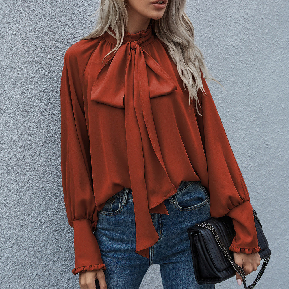 Long-sleeved Blouse Bowknot Puff Sleeves Fashion Commuter Office Tops  Koalakits36