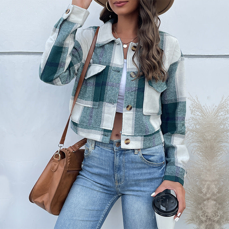 Plaid Lapel Cropped Jacket With Pockets Fashion Button Long Sleeve 