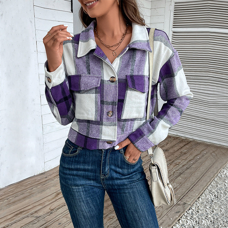 Plaid Lapel Cropped Jacket With Pockets Fashion Button Long Sleeve 