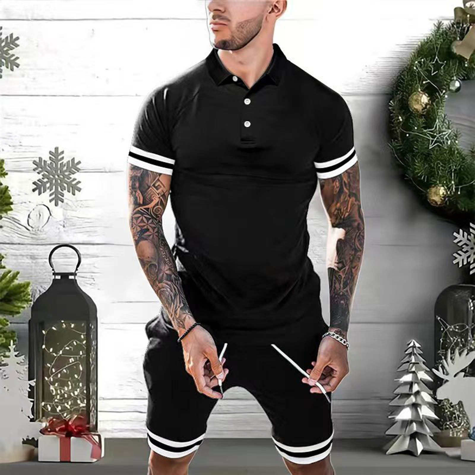 Mens Short Sets 2 Piece Outfits Polo Shirt Fashion Summer 