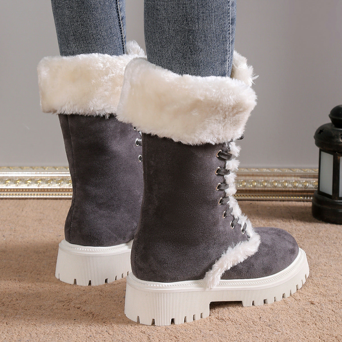 Winter Lace-up Snow Boots For Women Mid-tube Fleece Shoes Warm Chunky Heels Plush Boot Koalakits36