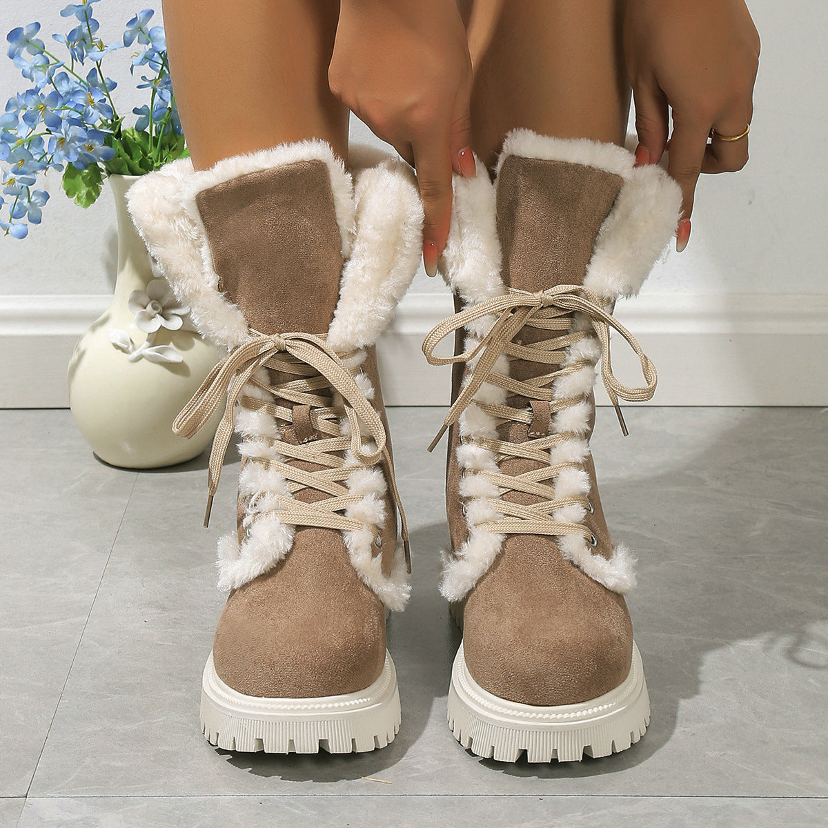 Winter Lace-up Snow Boots For Women Mid-tube Fleece Shoes Warm Chunky Heels Plush Boot Koalakits36