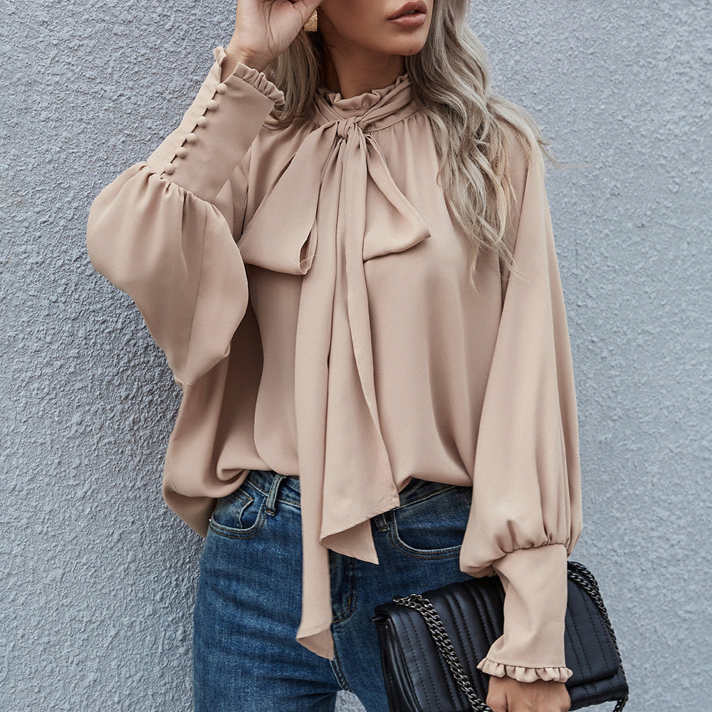 Long-sleeved Blouse Bowknot Puff Sleeves Fashion Commuter Office Tops  Koalakits36