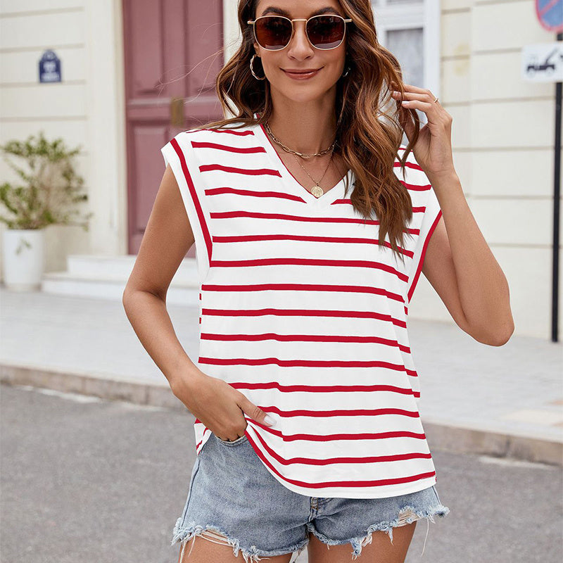 Stripe Print V-neck Short-sleeved T-Shirt Summer Loose Tank Top