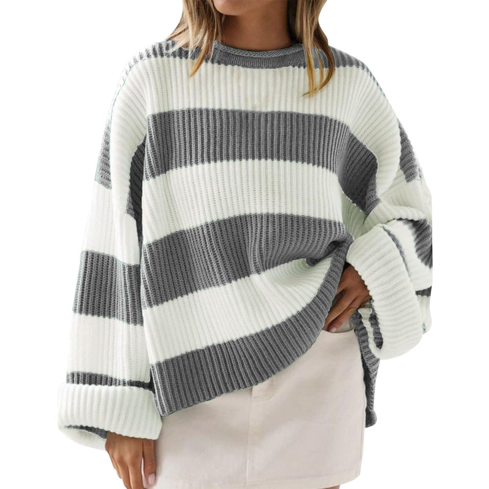 Loose Striped Sweater Fashion Casual Long Batwing Sleeve Round Neck Pullover Knit Tops Koalakits36