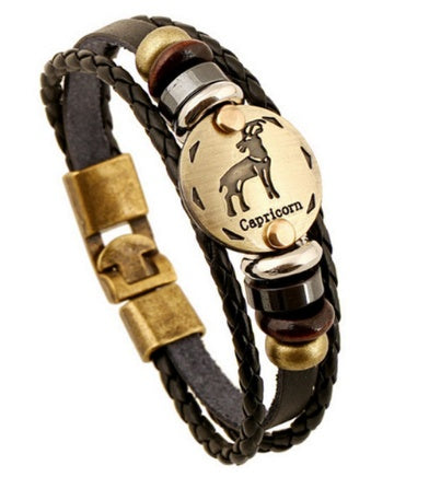 12 Zodiac Constellation Leather Bracelet – Stylish Metal Sign Charm & Beaded Wristband for Men and Women