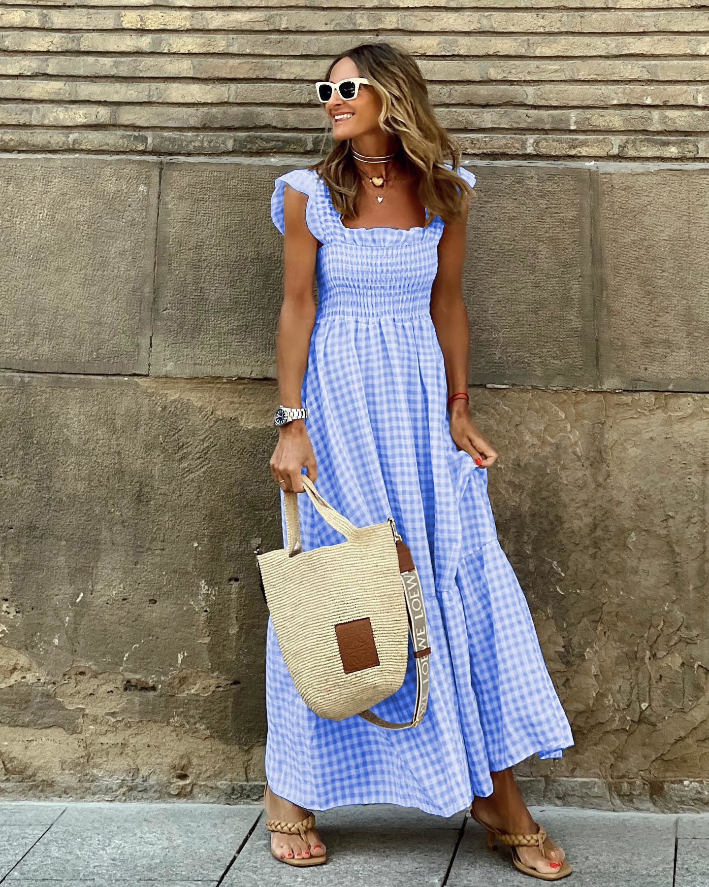 Summer Plaid Print Pleated Ruffle Dress Fashion Sleeveless for Women | Koalakits36