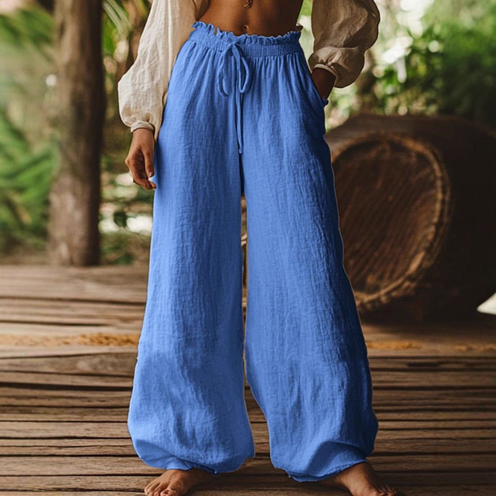 Fashion Casual Loose Artistic Pocket Drawstring Elastic Waist Wide Leg Pants Koalakits36