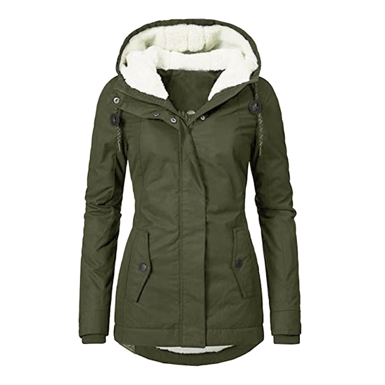 Winter Hooded Jacket Solid Color Warm Buckle Zip-up Fleece Jacket With Pockets Women's Casual Jacket Koalakits36