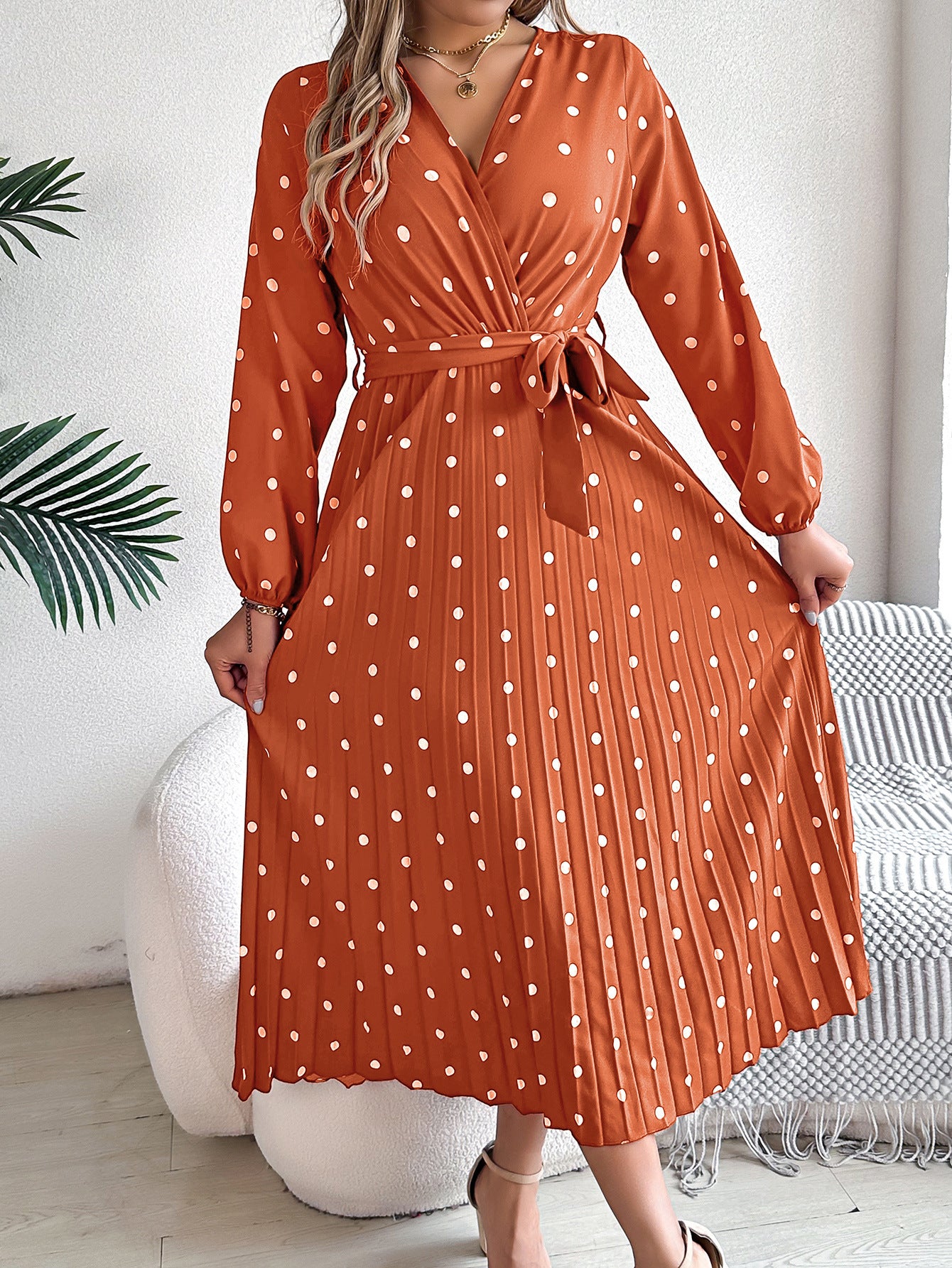 Spring Summer Elegant Long Dress Cross V-Neck Contrast Polka Dot Long Sleeve | Koalakits36