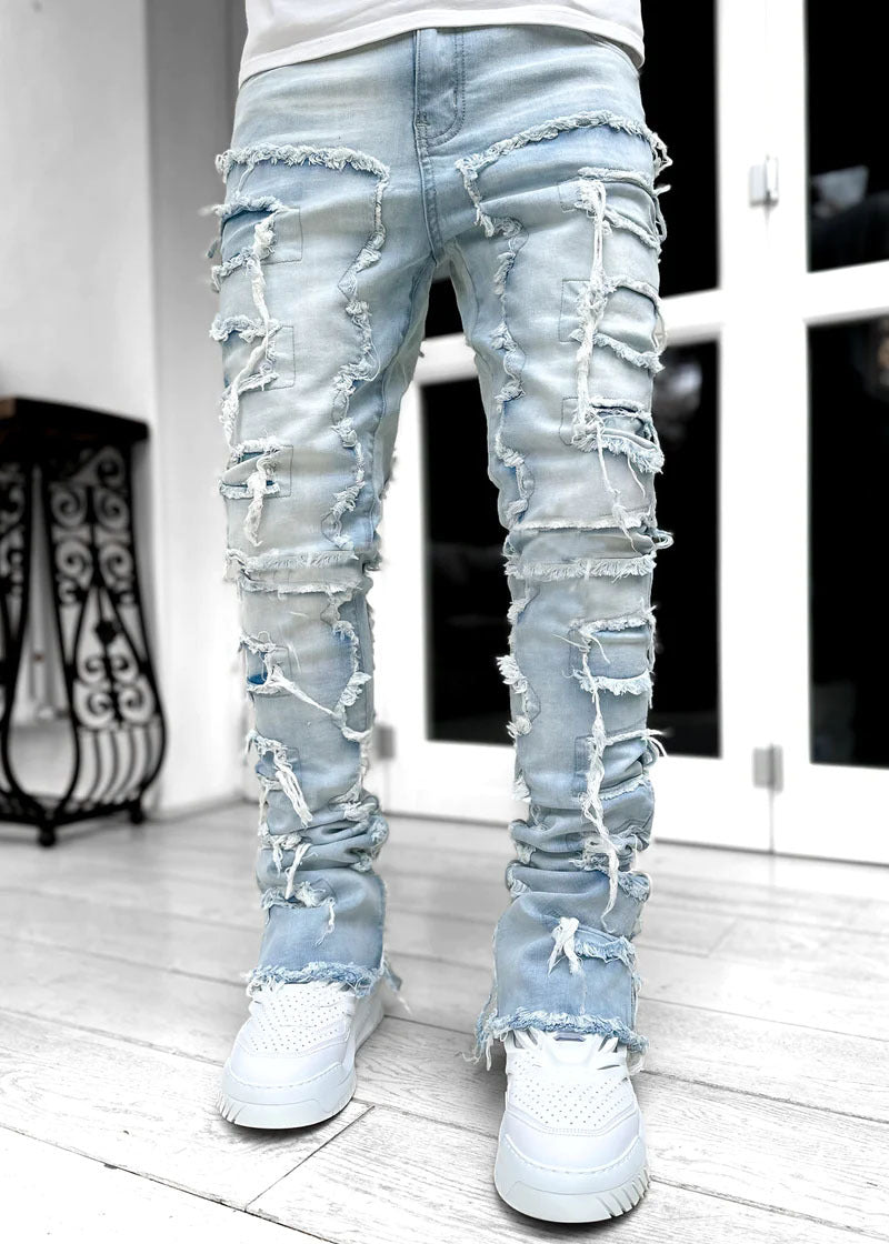 Fringes Ripped Trousers Individual Patched Pants Long Tight Fit Stacked Jeans For Mens Clothing Koalakits36
