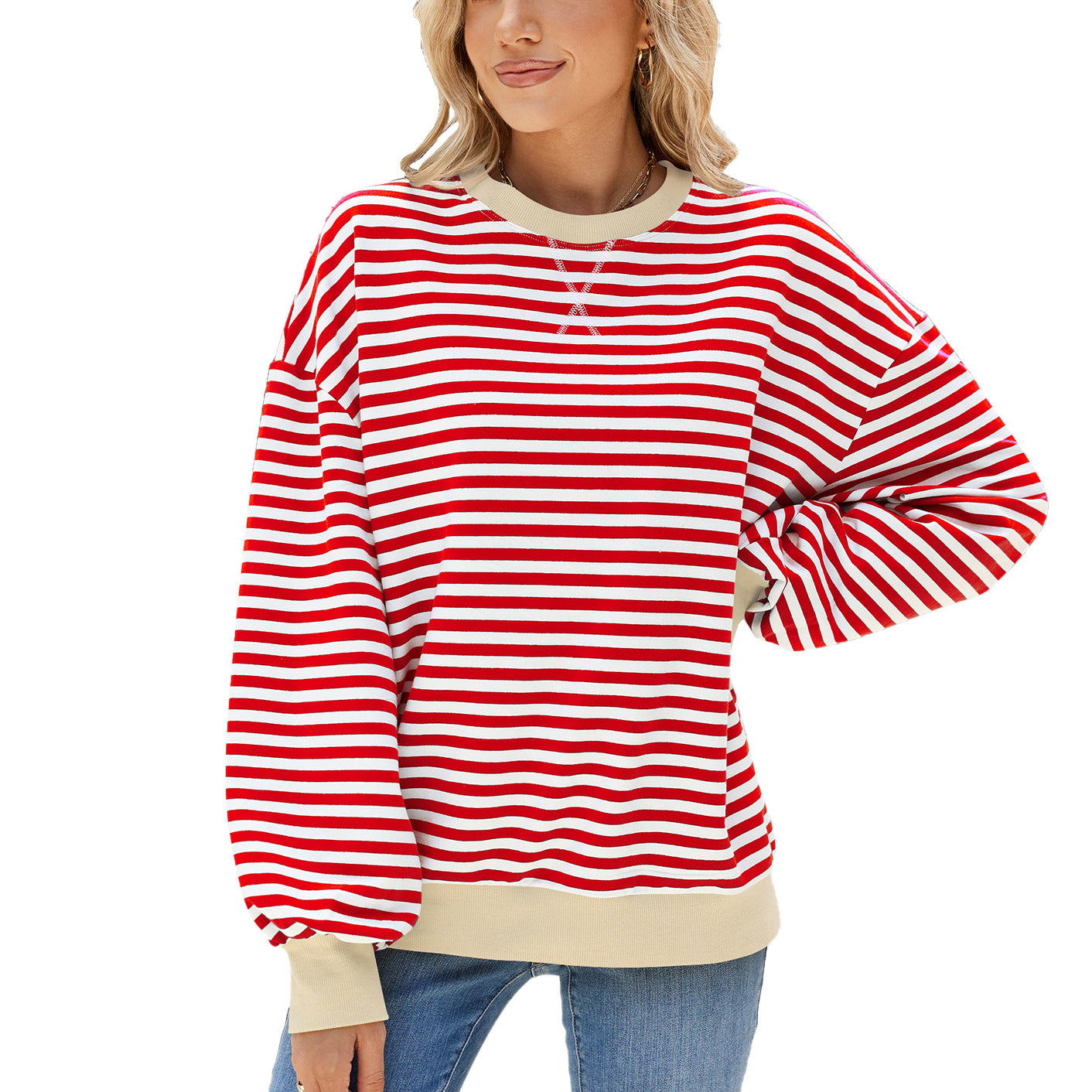 Women's Stripes Round Neck Contrast Color Loose Long Sleeve Sweatshirt