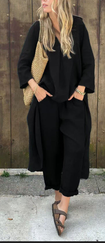 2pcs Long-sleeved Suits Loose V-neck Long Top And High Waist Wide Leg Pants | Koalakits36