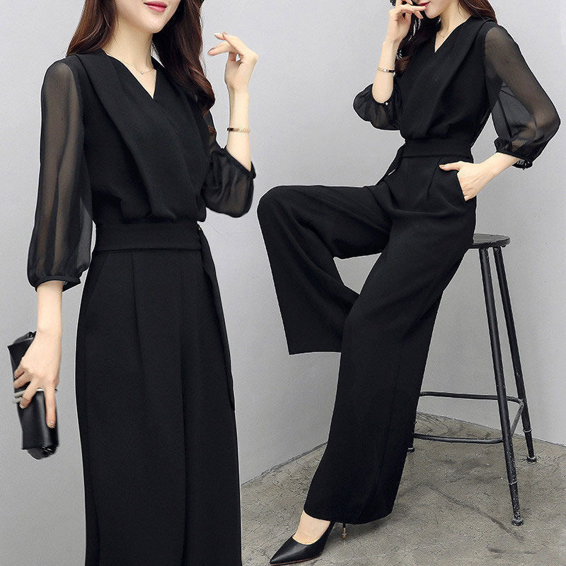 High-waisted Casual Black Three-quarter-sleeve Jumpsuit Set