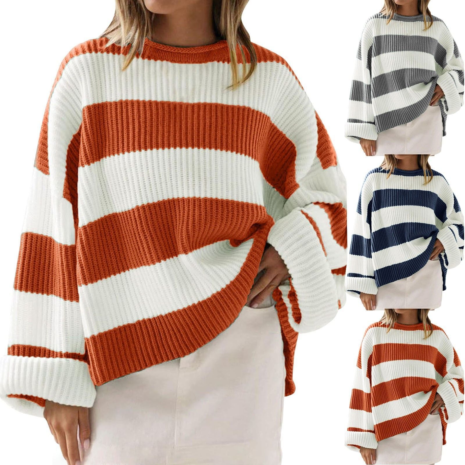 Loose Striped Sweater Fashion Casual Long Batwing Sleeve Round Neck Pullover Knit Tops Koalakits36