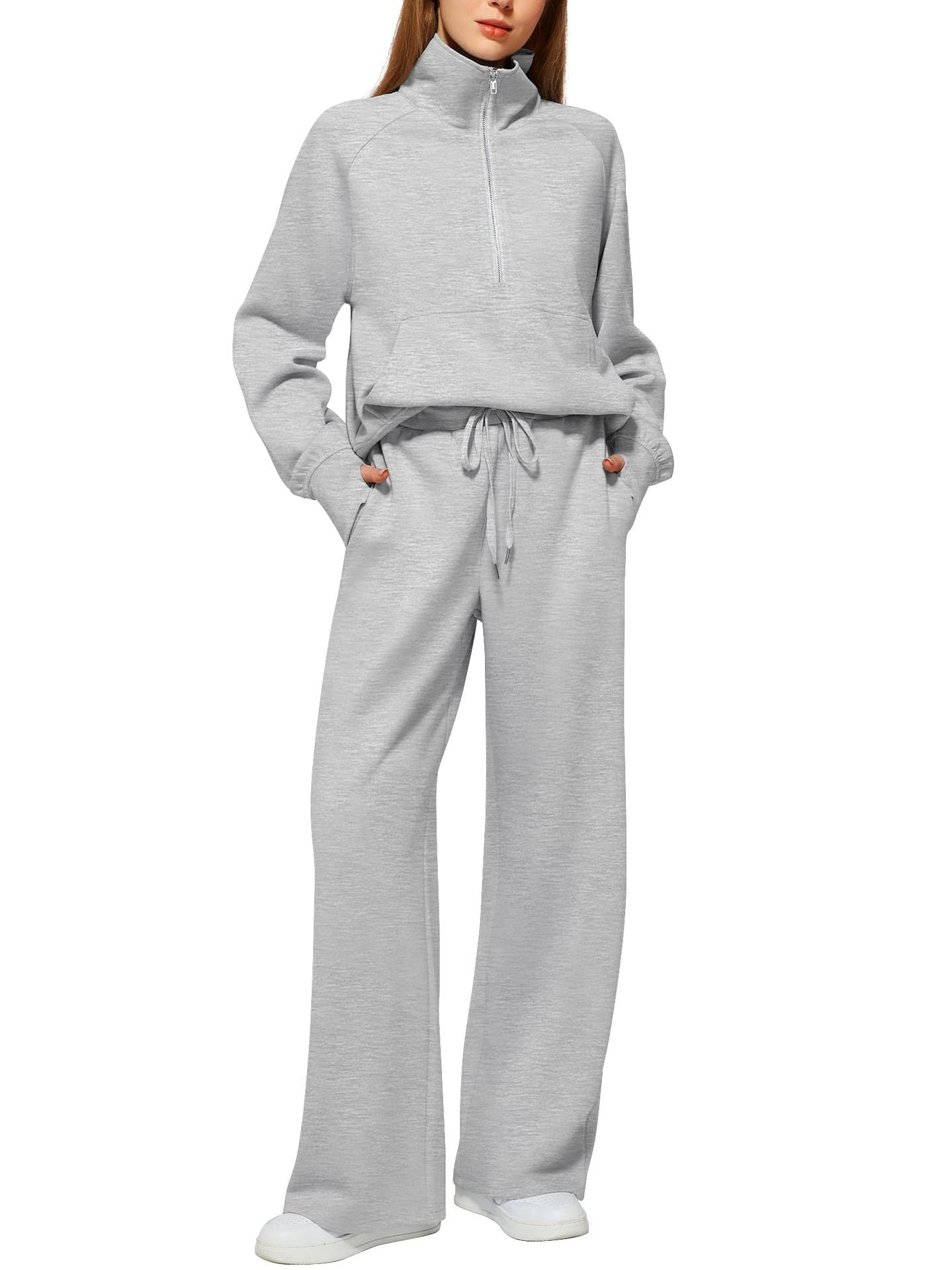 Women’s Solid Color Half-Zip Sweatshirt & Wide Long Pants
