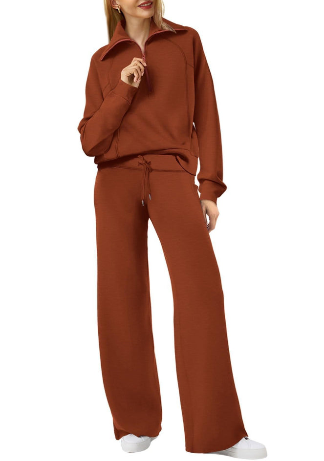 Women’s Solid Color Half-Zip Sweatshirt & Wide Long Pants
