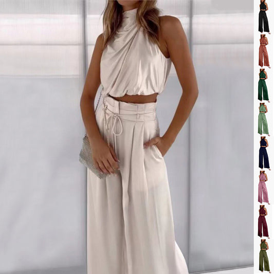 Summer Suits Casual Sleeveless Midriff-baring Top And Wide Leg Pants Koalakits36