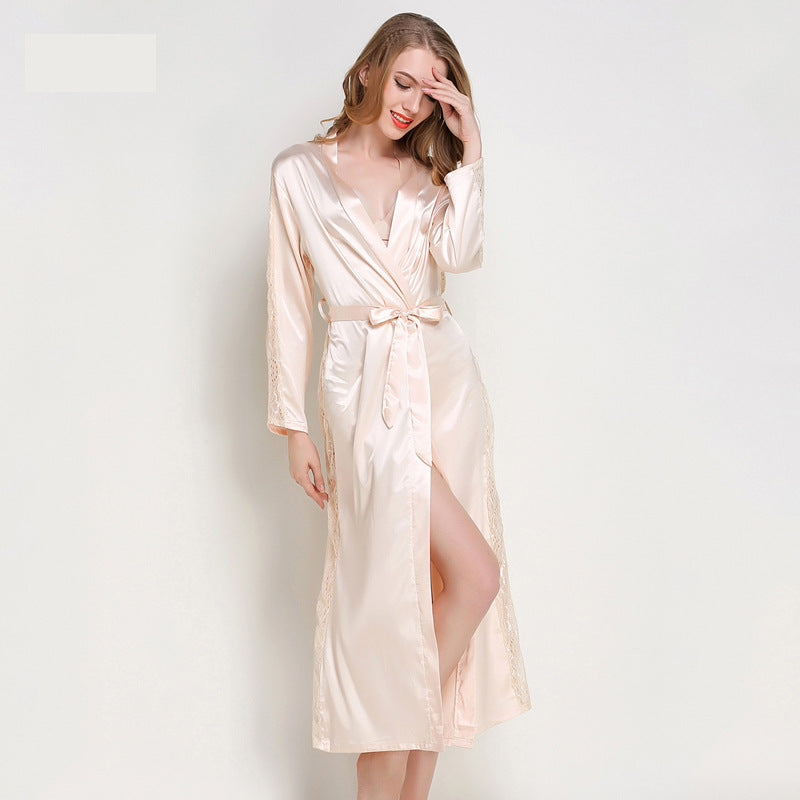 Fashion Ladies Pajamas Imitation Silk Nightgown Lace Sexy Long Nightgown Bathrobe | Koalakits36