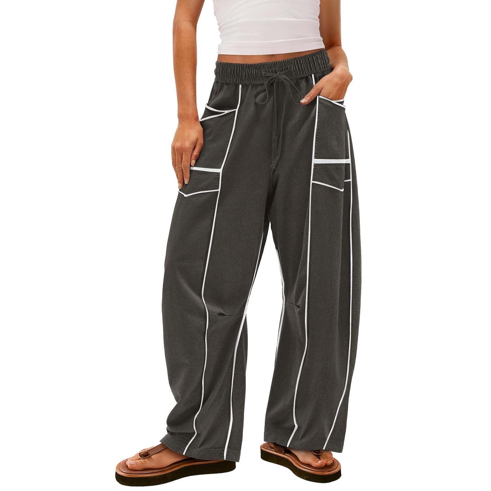  BLACK STRIPED WIDE-LEG PANTS WITH POCKETS FASHION LOOSE DRAWSTRING TROUSERS | Koalakits36