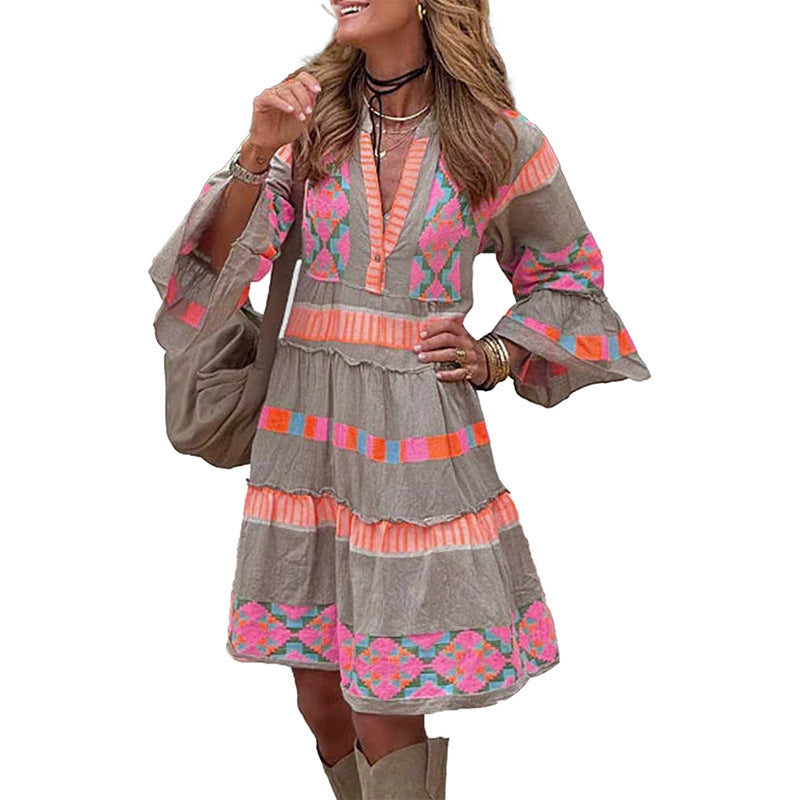 Fashion Print V-neck Dress Summer Ruffle Three Quarter Sleeve Dresses For Women Clothing | Koalakits36