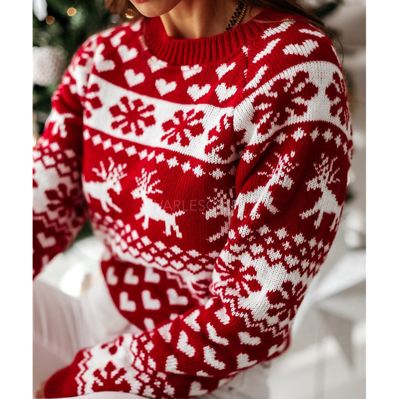 Women Christmas Sweaters Winter Long Sleeve Knitted Sweater Elk Snowflake Print Knitted Jumpers Knitwear Casual Soft Jacquard Pullover Koalakits36