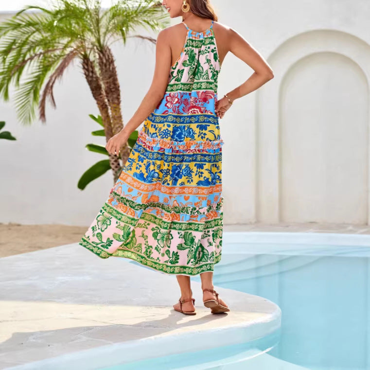 Fashionable Printed Contrast-Color Dress Womens Clothing