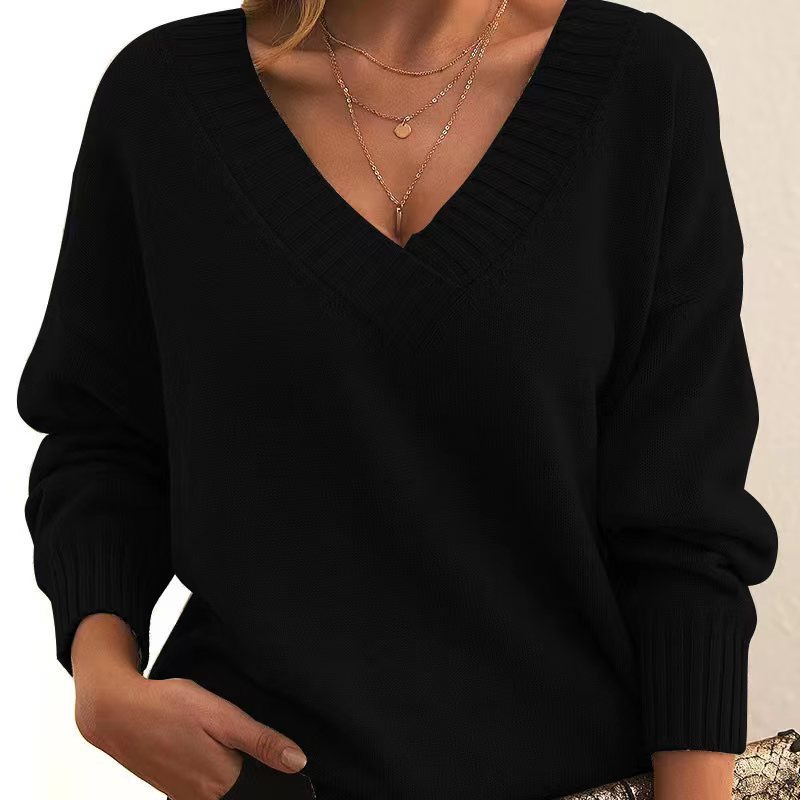 Solid V-neck Sweater Fashion Loose Long-sleeved Knitted Women's Tops Koalakits36